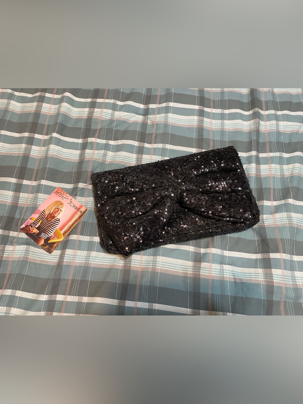 Betsey Johnson Black Sequined Bow Convertible Clutch Evening Bag Chain Strap - Picture 2 of 6